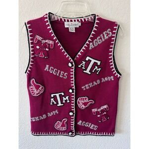 VTG Texas A&M Aggies Fan Knit Sweater Vest Castles Sport Maroon Patchwork SZ SM
